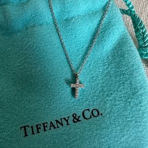 Authentic Tiffany & Co. diamond + white gold metro cross necklace pendant